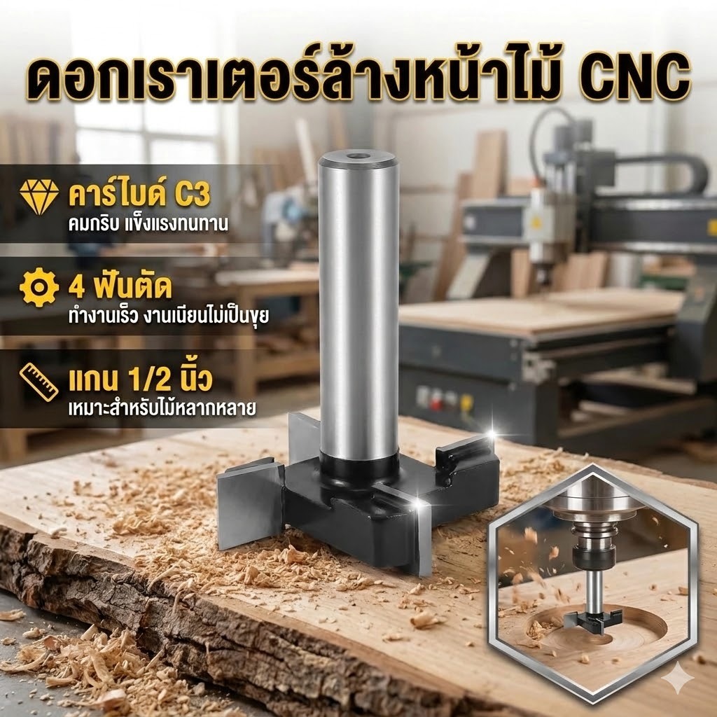 ดอกปาดไม้ 1/2 นิ้ว ดอกเร้าเตอร์ปาดหน้าไม้ CNC Carbide ดอกทริมเมอร์ งานไม้ Slab Flattening Router Bit