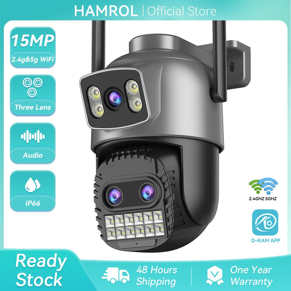 Hamrol 15MP สามเลนส์ PTZ WiFi กล้อง 10X ซูม 5G & 2.4GHz การติดตามมนุษย์กลางแจ้งกันน้ํากล้องวงจรปิด O