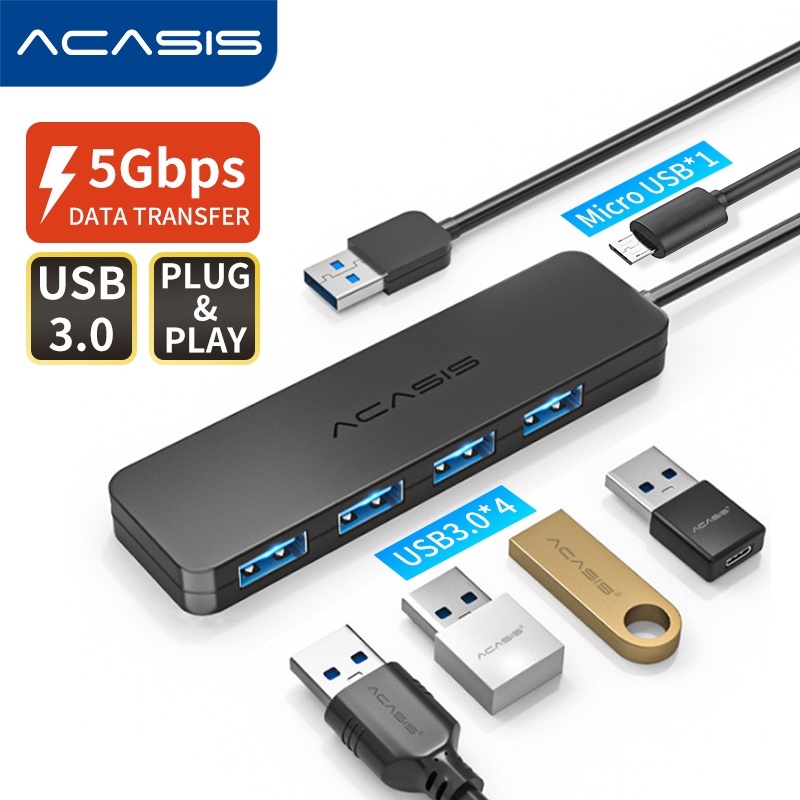 Acasis USB3.0/USB2.0 4 พอร์ต USB HUB Splitter สวิทช์พร้อม Micro USB อินเตอร์เฟซอะแดปเตอร์ไฟ สําหรับ PC แล็ปท็อป เครื่องอ่านชาร์จพอร์ตการถ่ายโอนความเร็วสูงถึง 5Gbps ส่ง Wi-Fi จากไทย