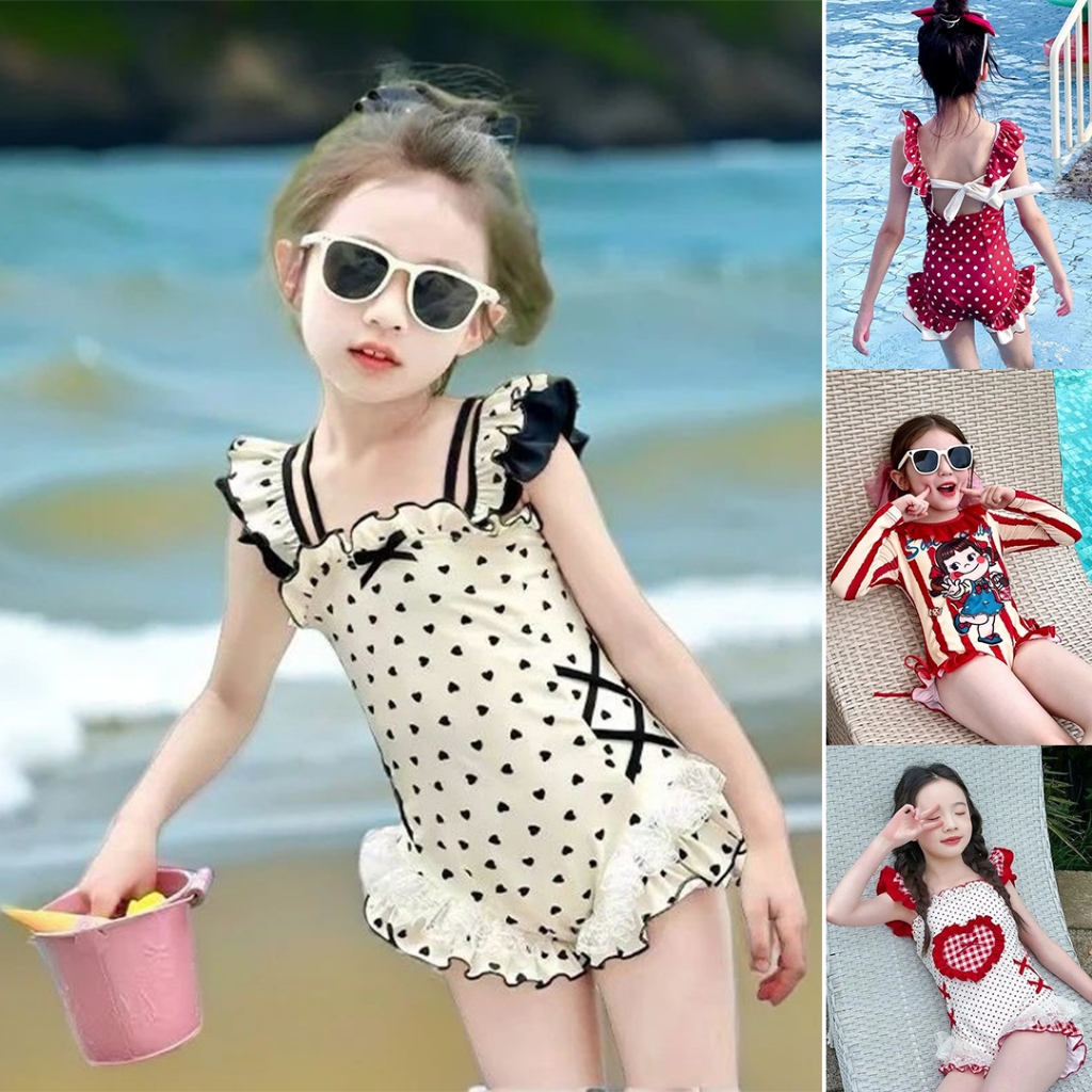 ชุดว่ายน้ําวันพีซเด็กผู้หญิงฤดูร้อนสไตล์ตะวันตกโบว์รักหวานแห้งเร็ว