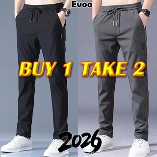Evoo [Buy 1 Take 2] M-5XL Ice Silk Pants for Men and Women Korean Fashion Slim Fit Straight-Leg Solid Color Long Pants Loose Casual Basic Plain Trousers All-match Sweatpants Black\Grey