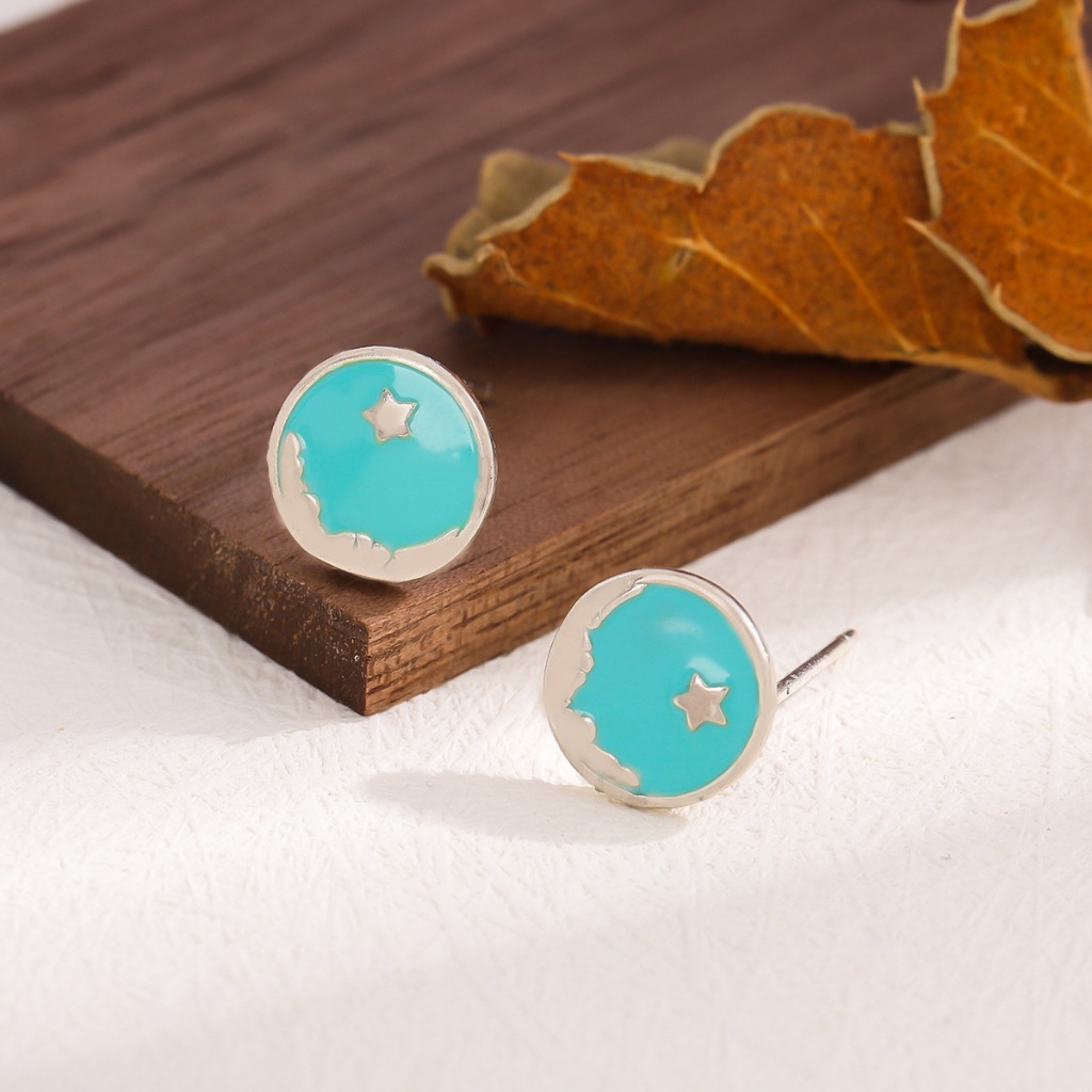 925 เงินสเตอร์ลิงต่างหูแฟชั่น Galaxy Ice Moon Mint สี Wave Moon Star วงกลมต่างหูหญิง CE149