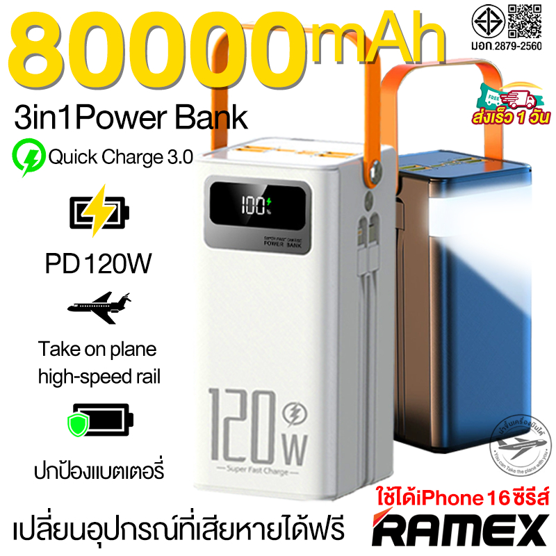 🚀รับประกัน 5 ปี⚡️แบตสำรอง 80000mAhรองรับ120Wชาร์จเร็ว ชาร์จได้ 7 เครื่องพร้อมกัน ใช้ได้กับทุกรุ่นทุกยี่ห้อ พาวเวอร์แบงค์
