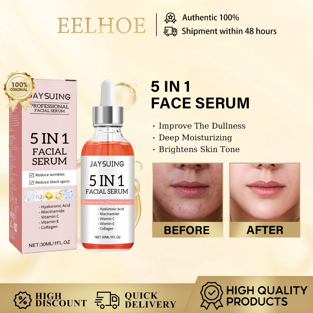 Jaysuing Hyaluronic Acid 5 in 1 Face Serum วิตามินซีไวท์เทนนิ่งต่อต้านริ้วรอยริ้วรอย Dark Spot Remover รูขุมขนหดตัว Moisturizing Skin Care