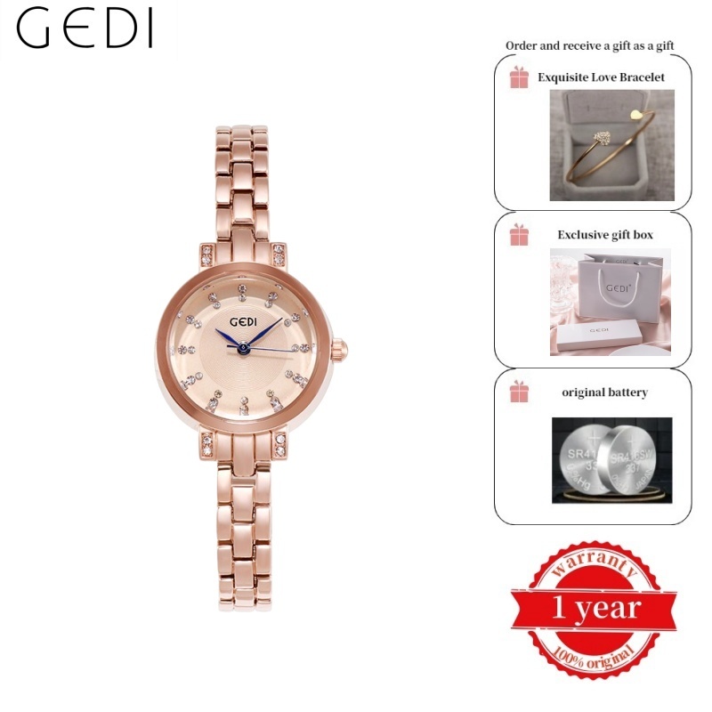 GEDI เกดี สไตล์เกาหลีแฟชั่นลําลองเทรนด์กันน้ําเพชรฝังลิตรแนวโน้มนาฬิกาควอทซ์ผู้หญิงอเนกประสงค์พร้อมฟ