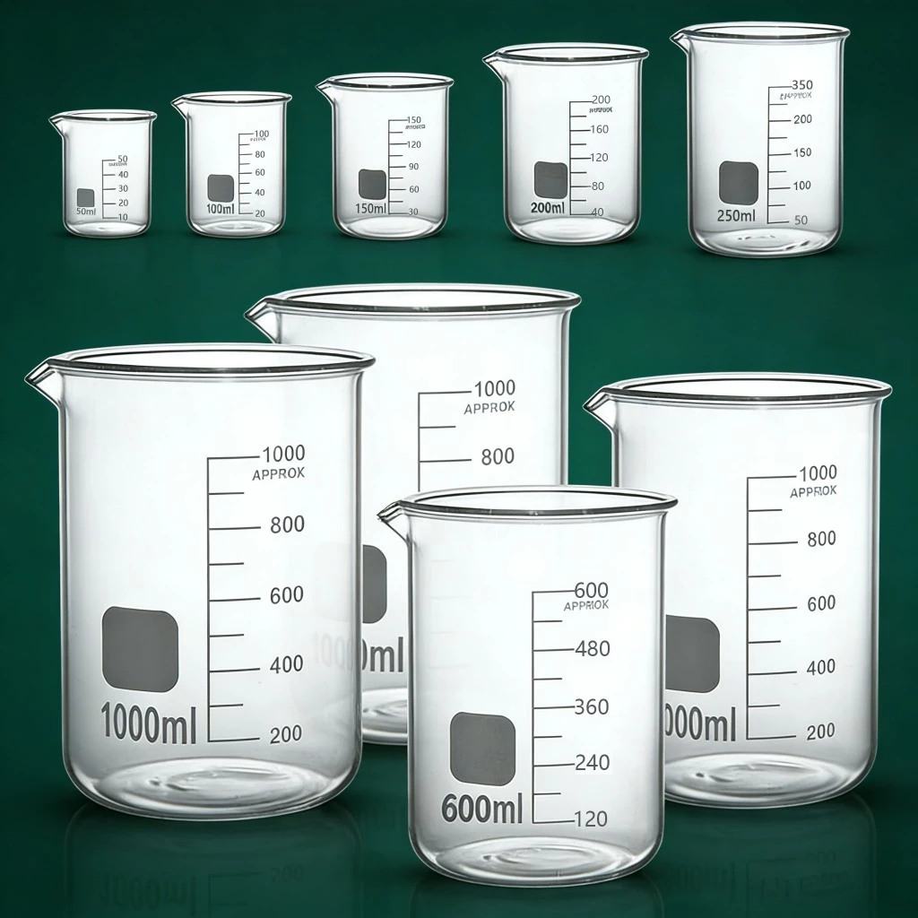 ถ้วยตวงแก้วบอโรซิลิเกตสูง 50-1000มล ทนความร้อน -20℃ ถึง150℃ Lab Kitchen Beaker เครื่องชั่งใส