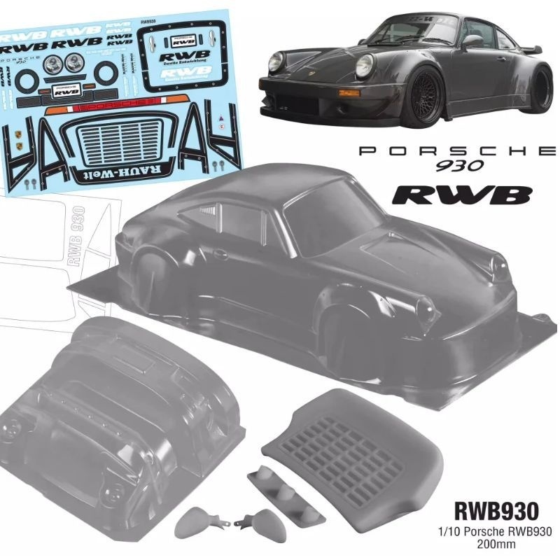 1/10 PC RC RWB930 1/10 Porsche RWB930 Shell Body 200 มม.กว้าง 258 มม.ฐานล้อโคมไฟ Tail Wing กระจกมองหลังโปร่งใสสําหรับ 1/10 RC Hsp Mst Yokomo Hpi