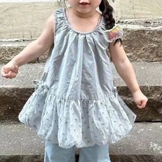 กระโปรงลายดอกไม้สำหรับเด็กสาว แขนกุด สไตล์แฟชั่นฤดูร้อน