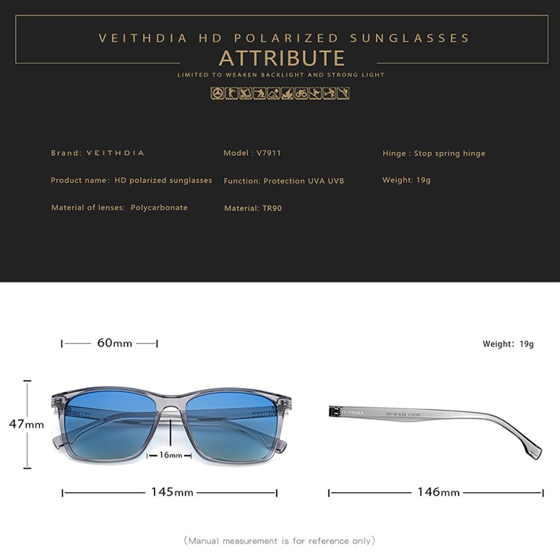 VEITHDIA ผู้ชายโพลาไรซ์ UV400 ป้องกันแว่นตากันแดดผู้หญิงเลนส์ Photochromic Square ขับรถแว่นตากันแดด V7911 ราคา ถูกที่สุด ดีลบีเคเค แกลเลอรีภาพที่ 2