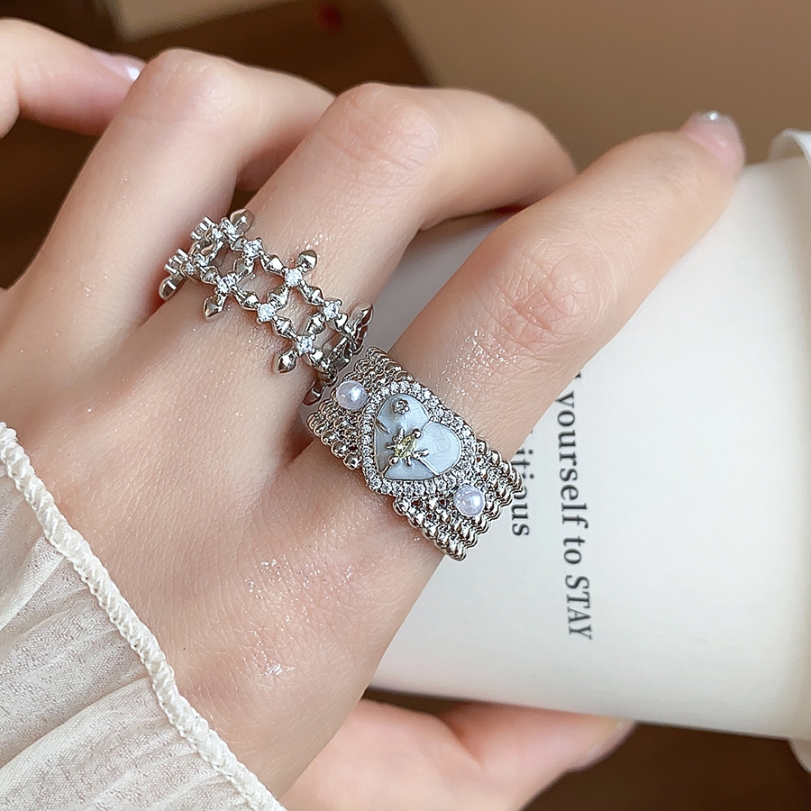 Cross Zircon & Heart Pearl แหวน Silver Tone Dainty แฟชั่นเครื่องประดับสําหรับผู้หญิงทุกวัน Casual Party อุปกรณ์เสริม