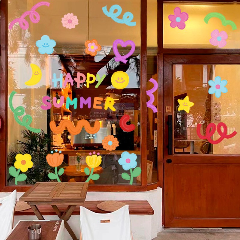 ฤดูร้อนมือวาดรูปแบบการ์ตูนสติกเกอร์ร้านชานมตกแต่งสติกเกอร์ประตูกระจกพีวีซีสติกเกอร์หน้าต่างไร้กาว