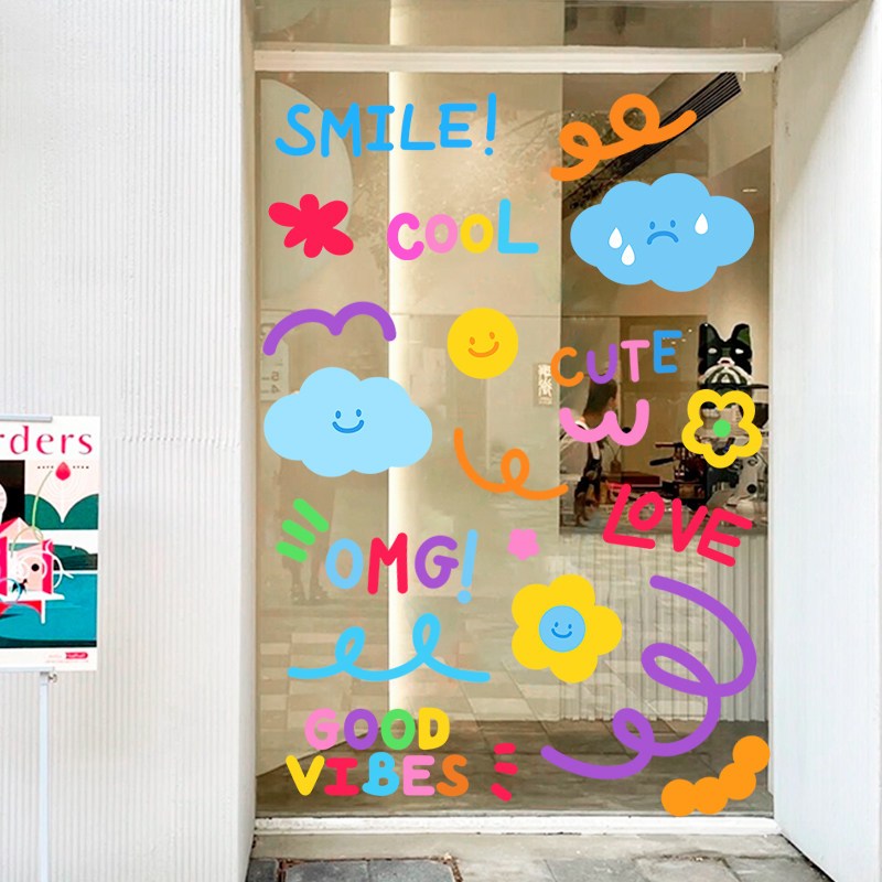 สติ๊กเกอร์ติดกระจก ลายเมฆยิ้ม Smiley Cloud Window Sticker ตกแต่งร้านกาแฟ ประตูร้าน PVC ไม่มีกาว ติดซ้ำได้