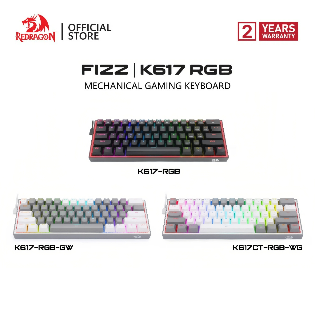 Redragon K617 Fizz 60% คีย์บอร์ดเกม RGB แบบมีสาย, 61 คีย์ Hot-Swap Compact Mechanical Keyboard Pro D