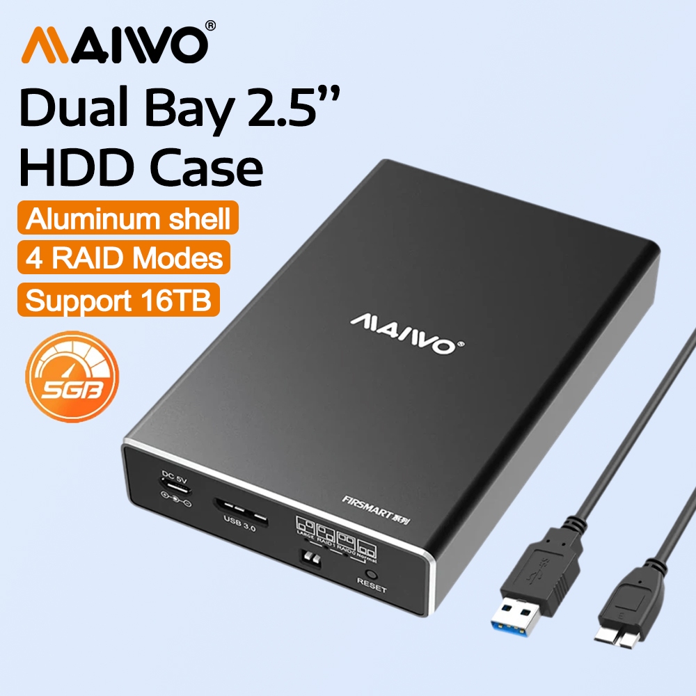 MAIWO 2 Bay 2.5 นิ้ว HDD Case กล่องใส่ฮาร์ดไดรฟ์ภายนอกรองรับ 4 โหมด RAID เปลือกอลูมิเนียม