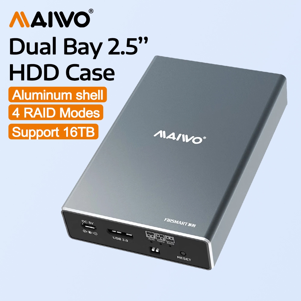 MAIWO Dual Bay 2.5 นิ้ว SATA HDD Enclosure รองรับ 4 โหมด RAID เปลือกอลูมิเนียม hdd สําหรับ PC