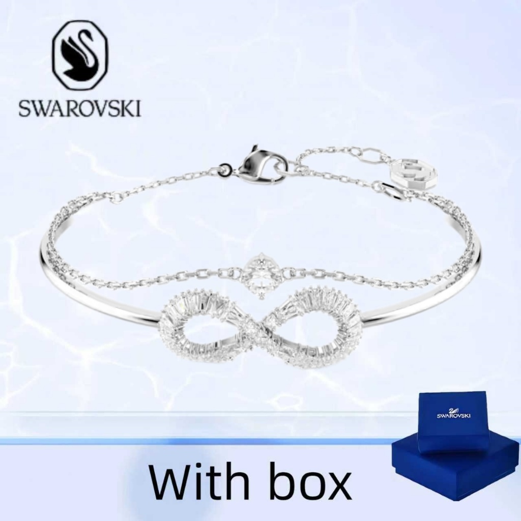 Swarovski (พร้อมกล่อง) ซื้อสร้อยข้อมือเครื่องประดับเงินแท้ Hyperbola White Infinity Bracelet