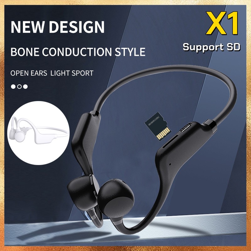 X1 หูฟังบลูทูธ Bone Conduction แขวนหูกีฬาหูฟังไร้สาย Ear-hook TWS Bass HIFI สเตอริโอ MP3 SD การ์ดสนับสนุน
