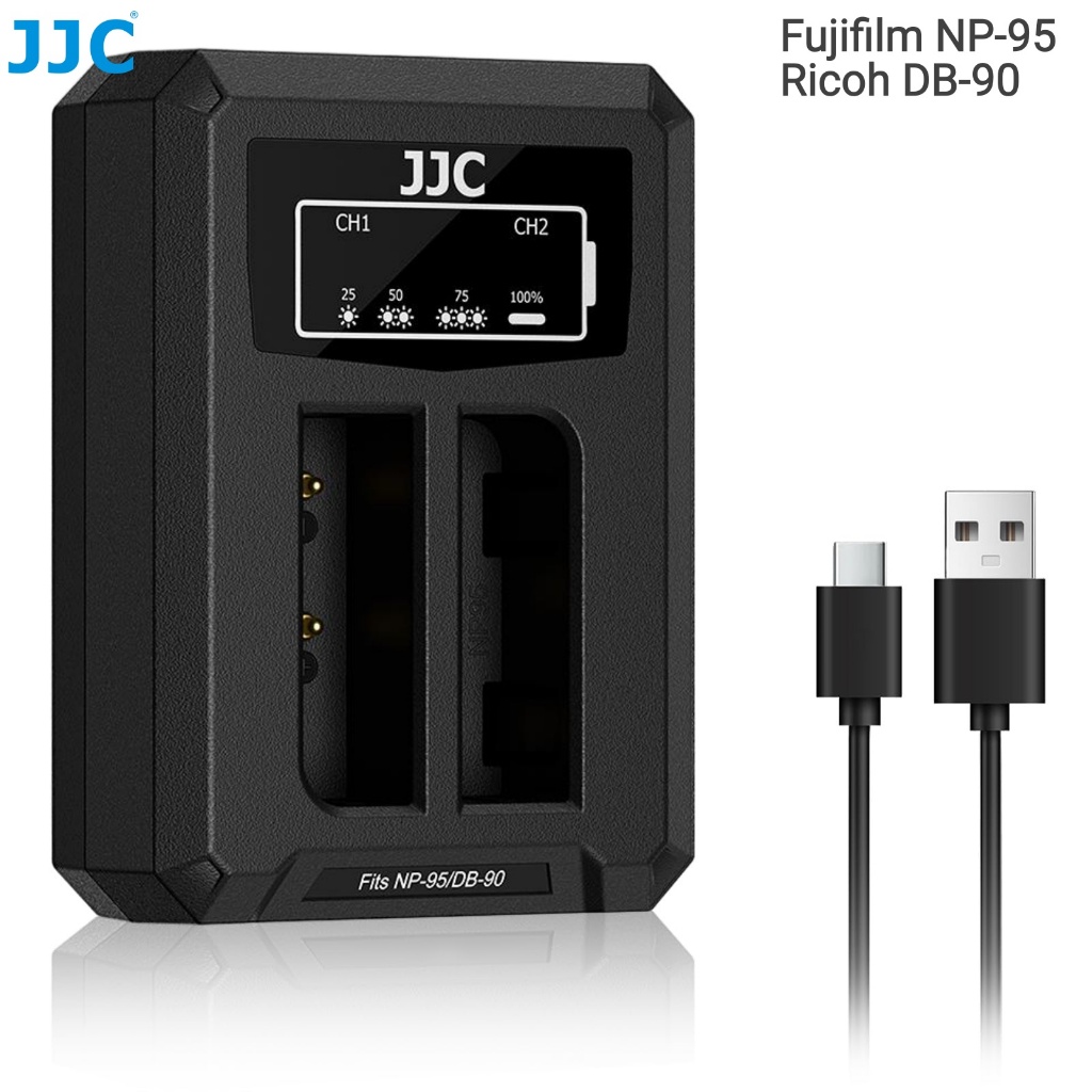 JJC ที่ชาร์จ USB สำหรับ Fujifilm NP-95 & Ricoh DB-90 แบตเตอรี่, เครื่องชาร์จแบตเตอรี่กล้องสำหรับ Fuji Fujifilm X100T X70 X30 XF10 & Ricoh GXR CX6 CX5 CX4 CX3, อุปกรณ์เสริม SLR