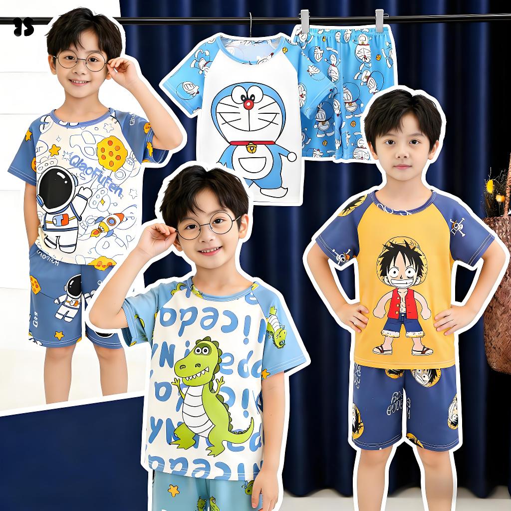 🚚พร้อมส่ง🔥ชุดนอนเด็กเสื้อยืดคอกลมแขนสั้นกางเกงขาสั้นชุดใส่ในบ้าน2ชิ้น
