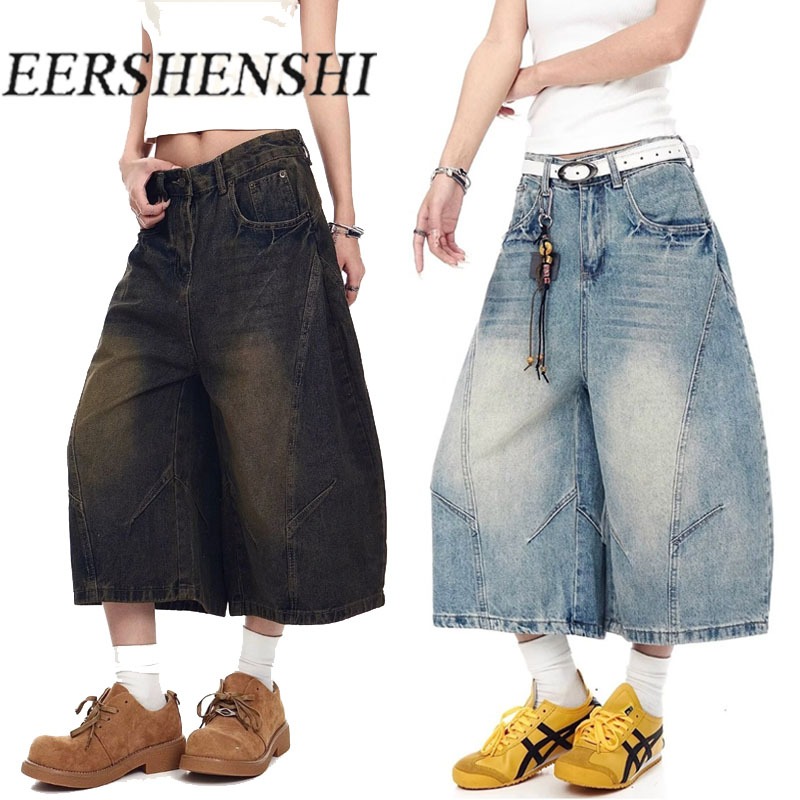 ERSHENSHI วินเทจล้างผ้ายีนส์กางเกงขากว้างสําหรับฤดูร้อน