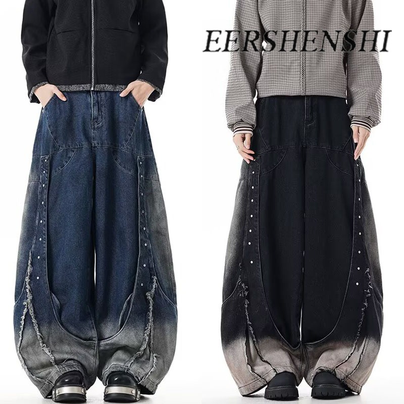 กางเกงยีนส์สไตล์อเมริกันย้อนยุค เอวสูงหลวม ขากว้าง