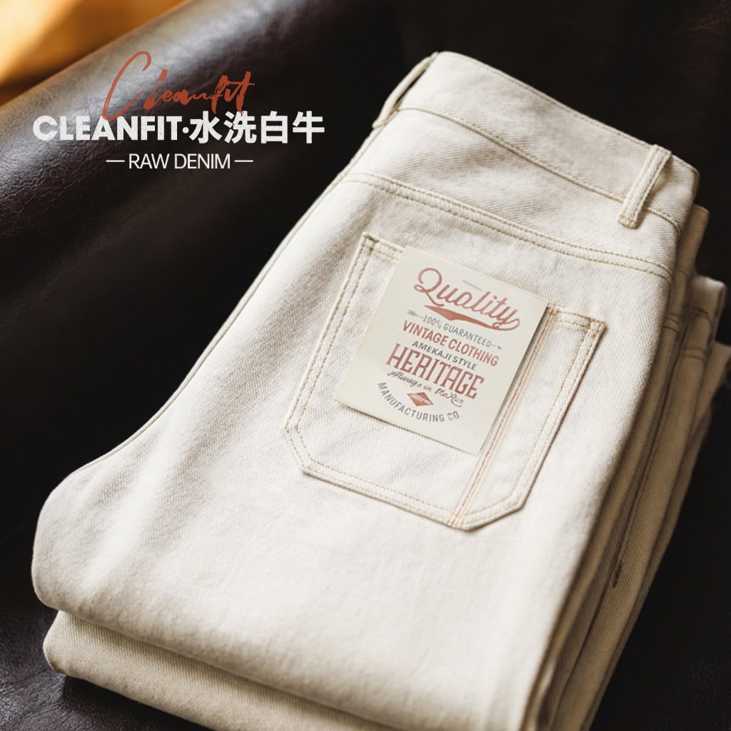 Retro Workwear ผู้ชายฤดูหนาวสีขาว Cleanfit กางเกงยีนส์ตรงขากว้างหลวม High-Drape กางเกงยีนส์ลําลอง
