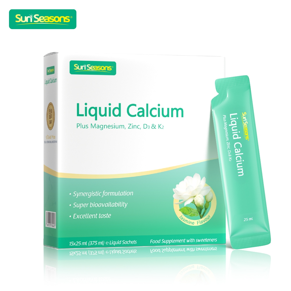 Sun Seasons Liquid Calcium,with Magnesium,Zinc,Vitamin D3 & K2 | ดูดซึมสูง รองรับสุขภาพกระดูก อ่อนโยนบนท้อง | 25มล.15 ซอง