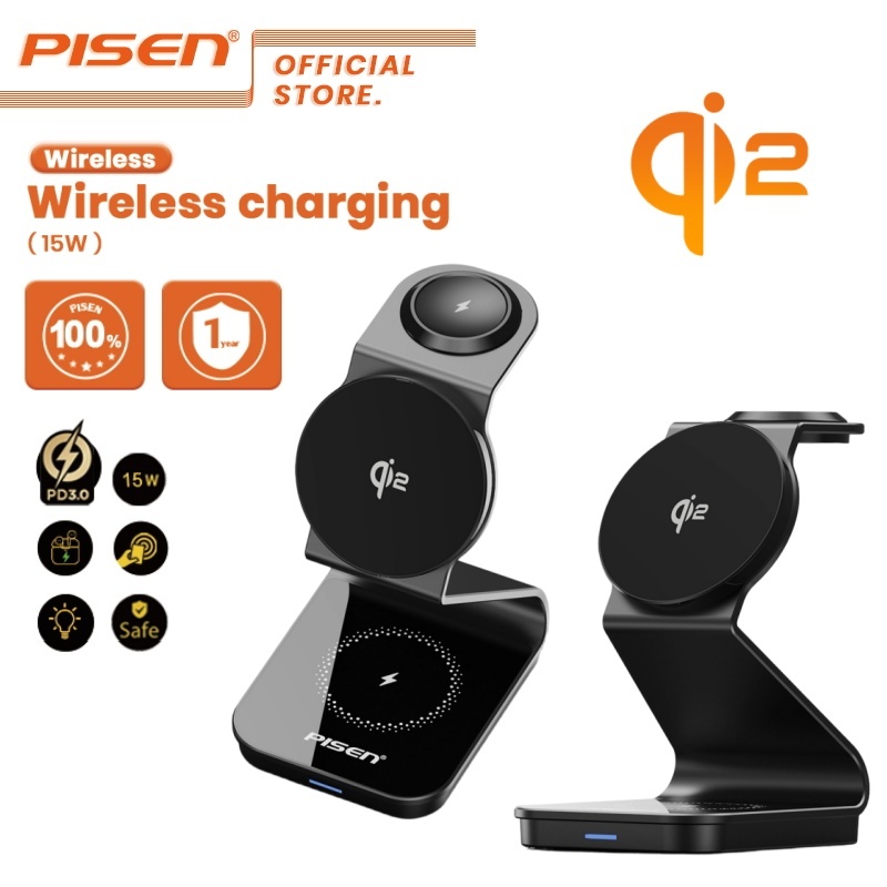 PISEN QI2 Magnetic Wireless Charger นาฬิกาโทรศัพท์ EarPods 3 in 1 Charger Stand 15W Fast Charger TP-