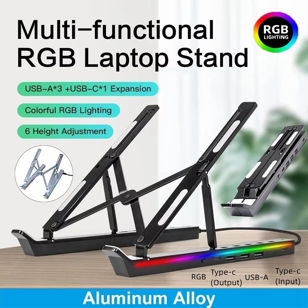 ขาตั้งแล็ปท็อป 4in1 พร้อมการชาร์จ USB RGB อลูมิเนียมอัลลอยด์แสงสว่างขาตั้งการขยายความร้อนที่ปรับได้สำหรับโน้ตบุ๊ค