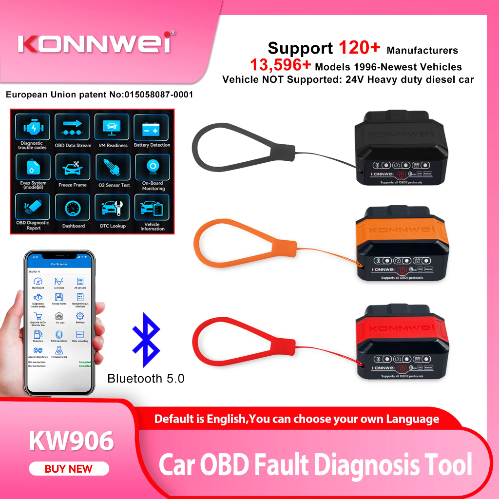 2026 KONNWEI KW906 OBD2 รถเครื่องยนต์ระบบเครื่องมือวินิจฉัยเครื่องสแกนเนอร์ Bluetooth5.0 สําหรับ Android/IOS ELM 327 เครื่องอ่านรหัส Pic18F25K80