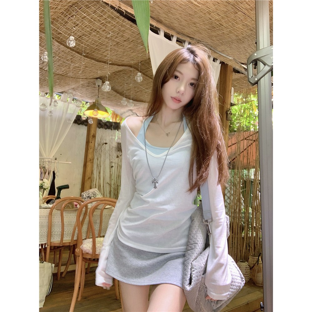 เสื้อยืดแขนยาวกันแดดรุปแบบเกาหลี คอวีทรงคลาย ราคา ถูกที่สุด ดีลบีเคเค แกลเลอรีภาพที่ 2