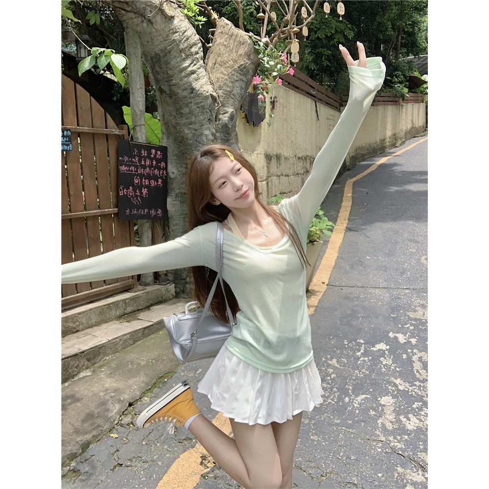 เสื้อยืดแขนยาวกันแดดรุปแบบเกาหลี คอวีทรงคลาย ราคา ถูกที่สุด ดีลบีเคเค แกลเลอรีภาพที่ 9