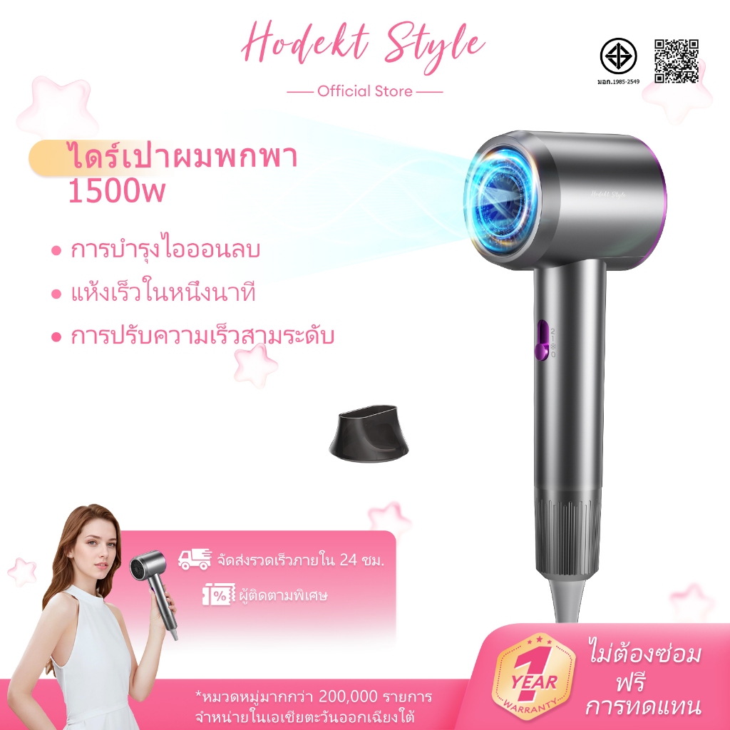 เครื่องเป่าผมพกพา HODEKT 1500 วัตต์ ระบบไอออนลบ เป่าผมแห้งเร็วในหนึ่งนาที