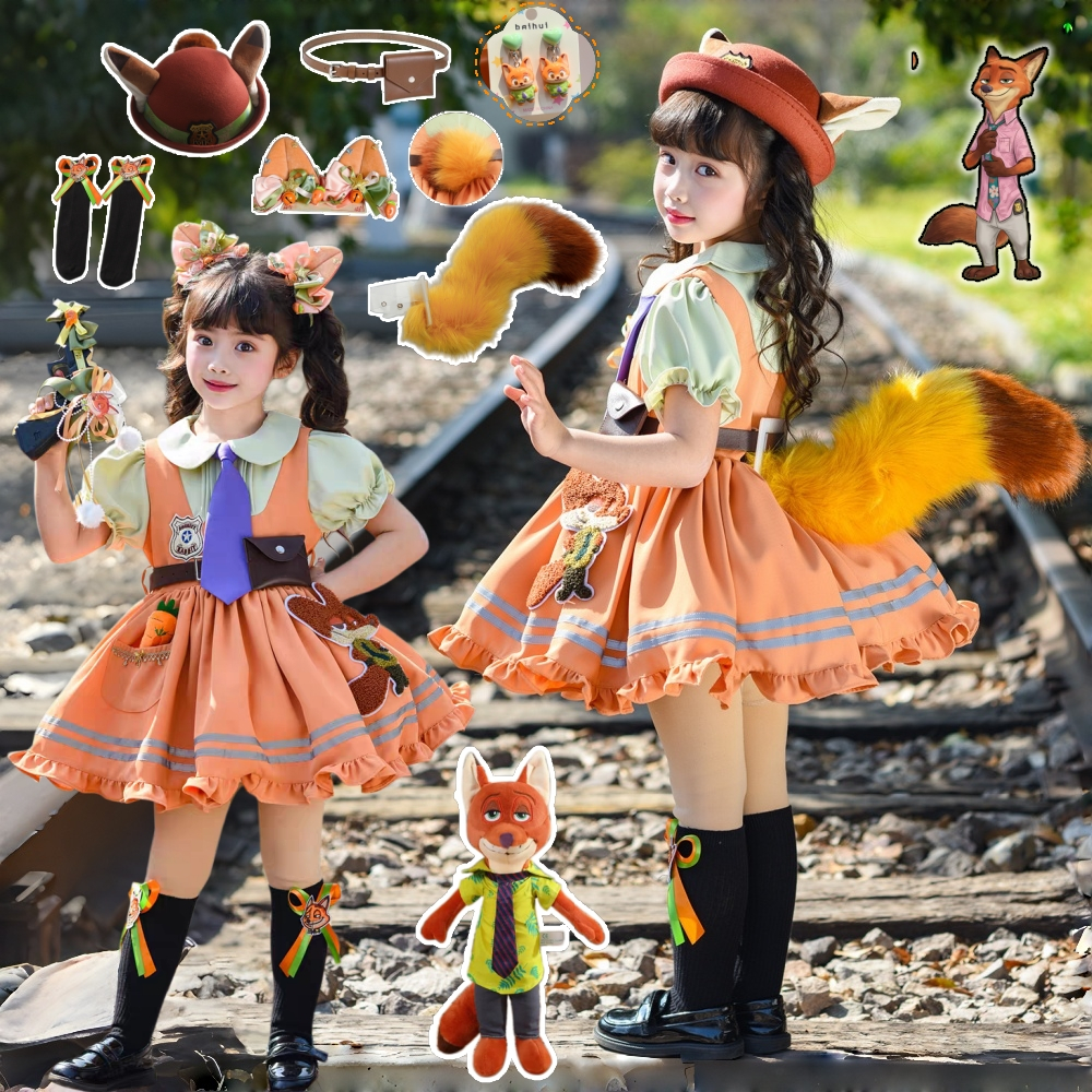 Zootopia Nick Wilde เด็กหญิงคอสเพลย์ชุดเต็มชุดน่ารัก Lolita Ruffle เจ้าหญิงชุดพร้อมหมวกหางอุปกรณ์สําหรับเด็กวัยหัดเดินวันเกิดปาร์ตี้ฮาโลวีนสวมใส่ประจําวัน