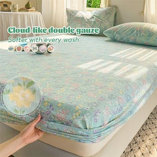 Abraca Dabra Soft Skin-Friendly Cadar Double Layer Gauze Fitted Bedsheet Premium Washed Cloud-Feel Cotton Bed sheet Single Queen King Size