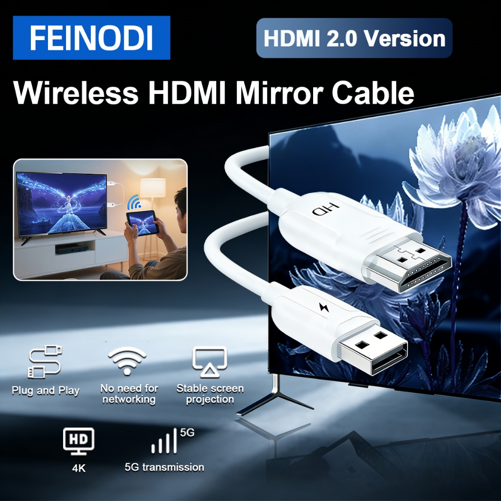 FEINODI  สายอะแดปเตอร์ Mirroring HDMI ไร้สาย พร้อม AirPlay และ Miracast รองรับ | เข้ากันได้กับ iPhone, iPad, MacBook, Android, และ Windows | เสียงและวิดีโอสตรีม 4K HD เป็นทีวี