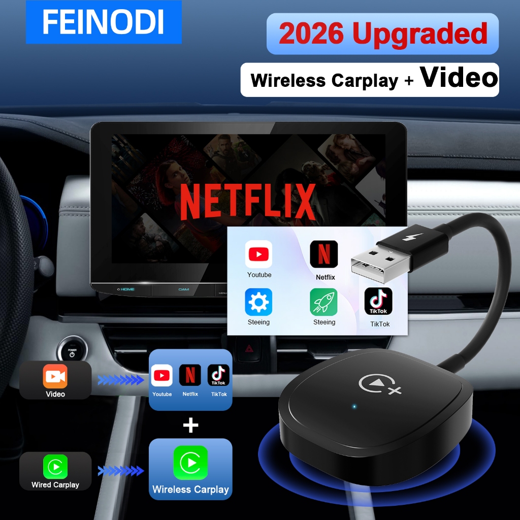 FEINODI Wireless Apple CarPlay Dongle แปลงคาร์เพลย์แบบใช้สายจากโรงงานเป็นดองเกิล CarPlay ไร้สาย รองรับการรับชม YouTube/Netflix/ttok บน CARPLAY
