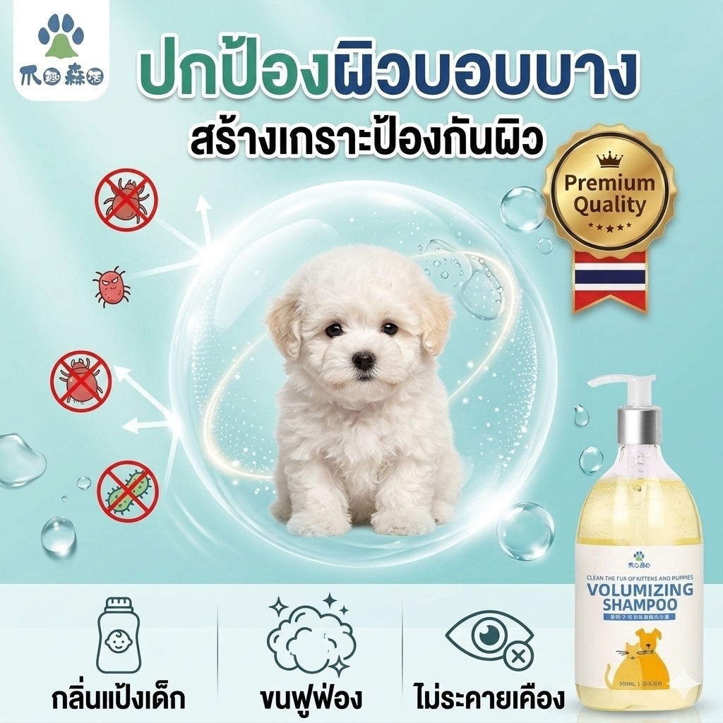 แชมพู ลูกแมว ลูกสุนัข สูตรอ่อนโยน (ผิวแพ้ง่าย) แก้คัน กำจัดไร เชื้อรา ไม่ระคายเคืองตา ขนนุ่ม