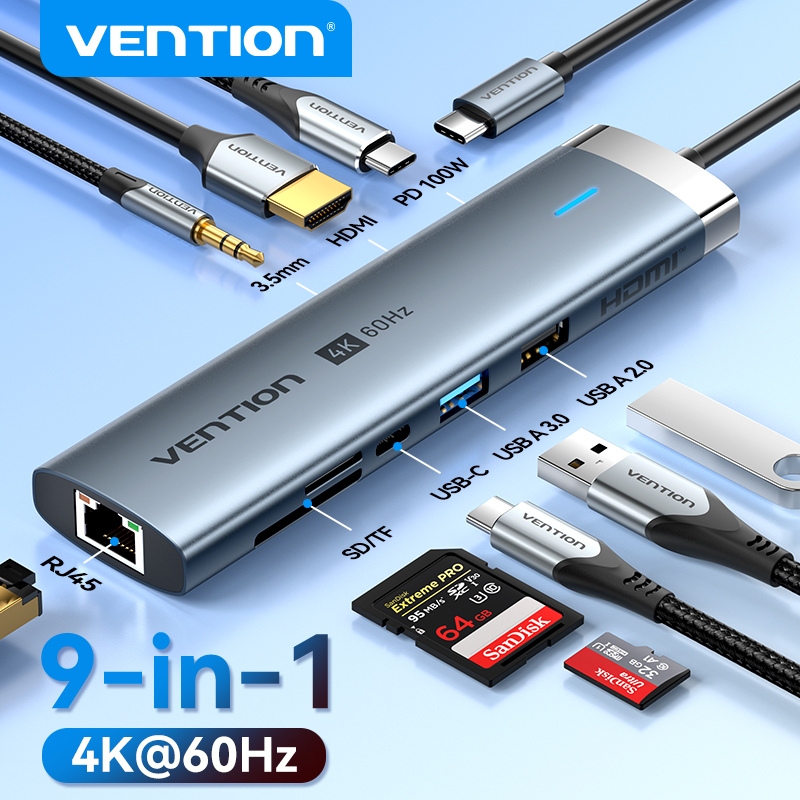 Vention USB C HUB ประเภท C 9 in1 แบบพกพา Mini Work Station USB 3.0 3.2 Gen1 PD 100W RJ45 HDMI 4K 60H