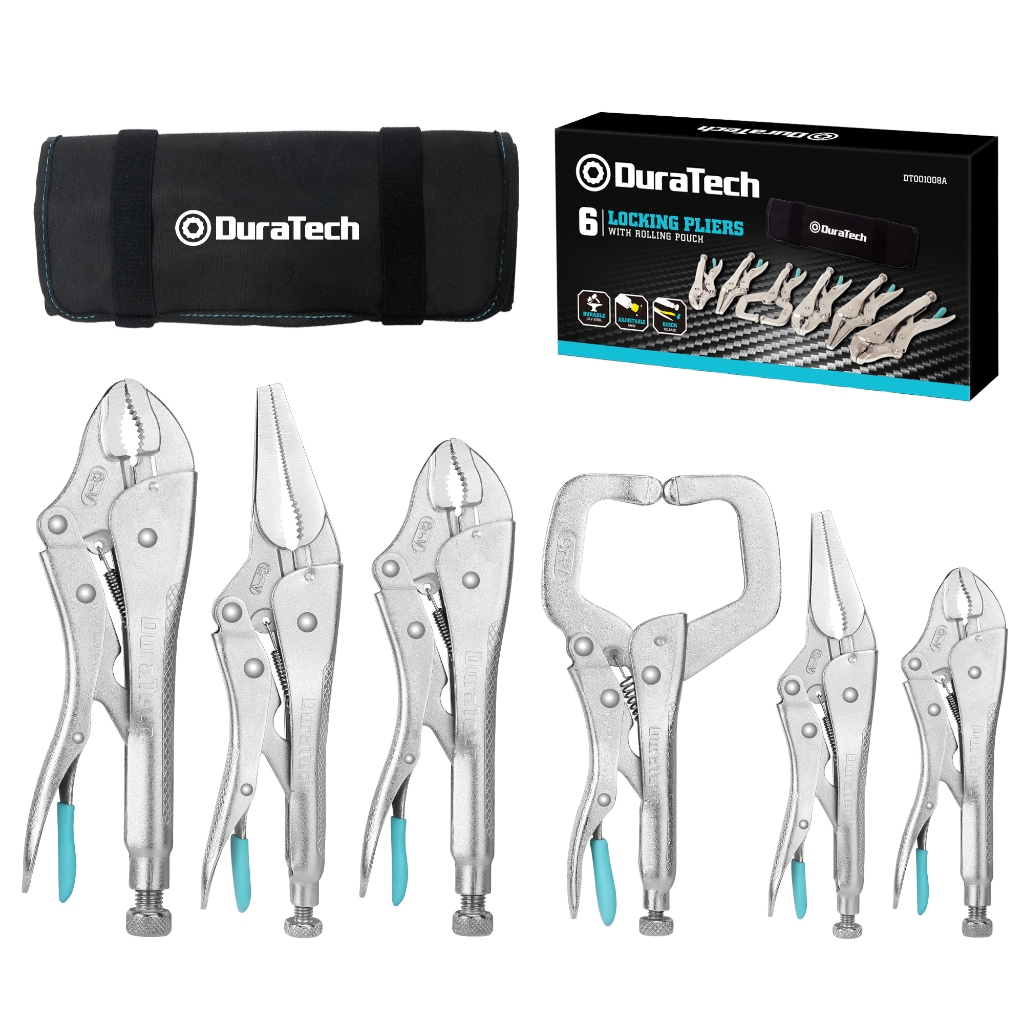 Duratech 6PCS คีมล็อคพร้อมกระเป๋า, 6-1/2, 9-1/2 Long Nose, 5, 7 & 10 โค้งขากรรไกร, 6 C-Clamp, Fast Release with Oxford Rolling Pouch