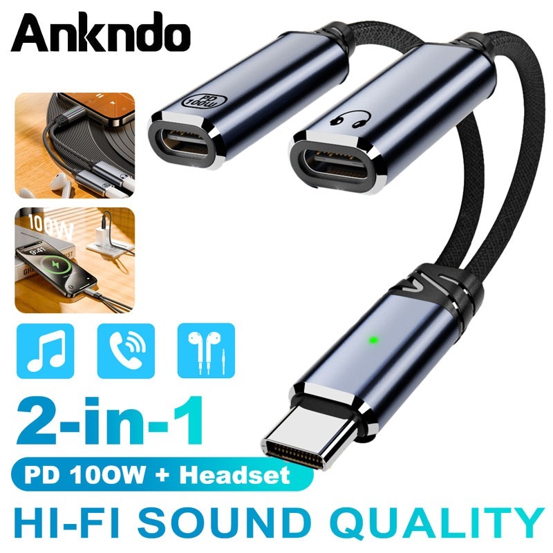 Ankndo 2 in 1 Dual USB C หูฟังอะแดปเตอร์ชาร์จ PD100W ประเภท C ถึง Type C Fast Charging HiFi แจ็คอะแดปเตอร์เสียงสําหรับ ipho แล็ปท็อป