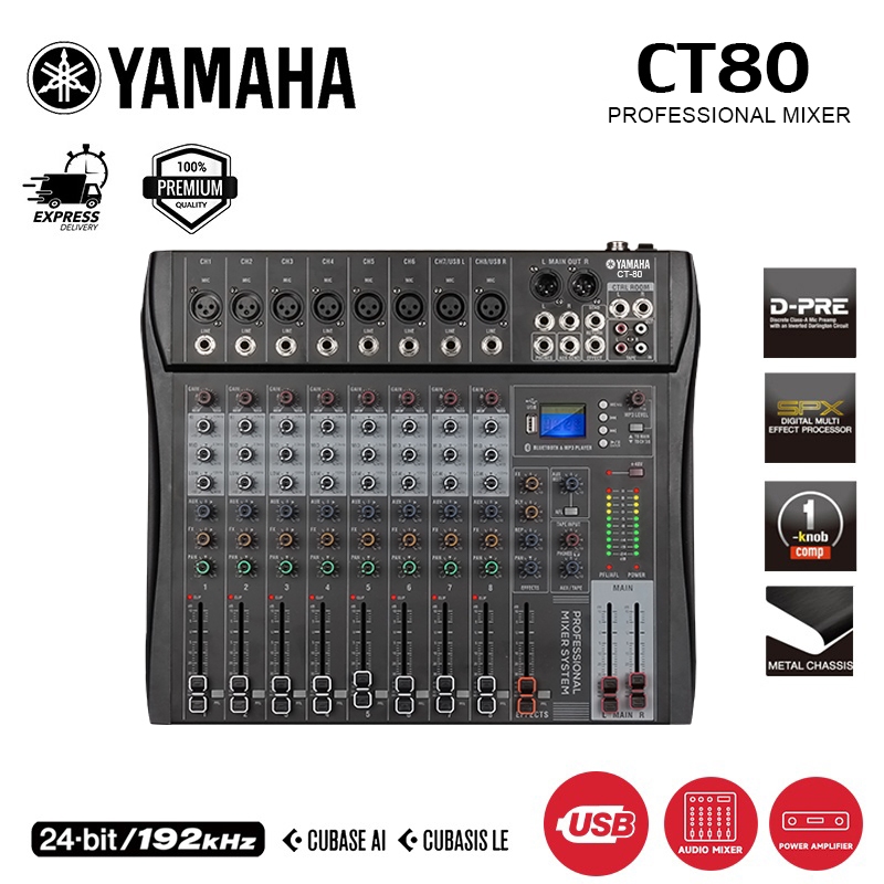 YAMAHA CT80 MIXER 8-Channel Professional MIXER, พร้อมเอฟเฟกต์ Reverb, รองรับ Bluetooth และ USB Play,