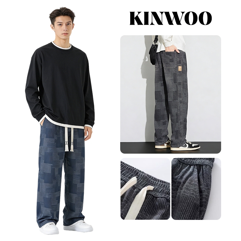 Kinwoo กางเกงยีนส์ผู้ชายลายสก๊อต [ขากว้างทรง Oversize] สไตล์ญี่ปุ่น Vintage 2026เอวยางยืด+ผูกเชือกปรับได้ เนื้อผ้า ใส่เที่ยวชิคๆ #สตรีทแฟชั่น