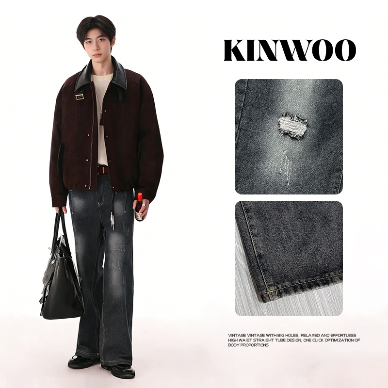 KINWOO กางเกงยีนส์ผู้ชายสีดำ สไตล์เรตโกล  แฟชั่น2026 ทรงขากระบอกตรง เนื้อผ้านุ่ม ใส่หลวมสบาย สำหรับผู้ชายรูปร่างใหญ่