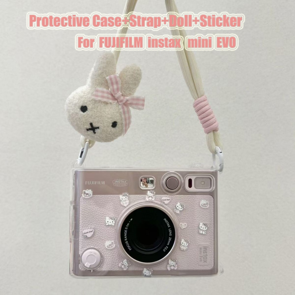 น่ารัก Miffy กล้องป้องกันกรณีฝาครอบเลนส์สําหรับ Fujifilm Instax Mini Evo พร้อมสายคล้อง + สติกเกอร์อุปกรณ์เสริมกล้อง ราคา ถูกที่สุด ดีลบีเคเค