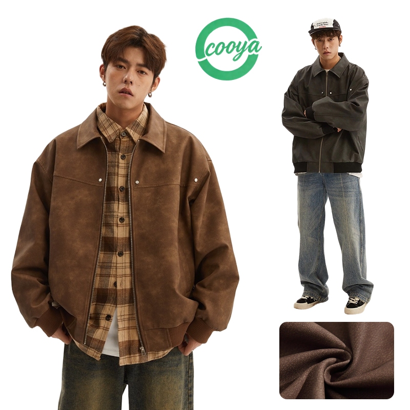 COOYA เสื้อแจ็คเก็ต หนังสีน้ำตาล ผู้ชาย  เสื้อ jacket  สไตล์เมกา สีน้ำตาล แขนยาว วินเทจ แฟชั่น
