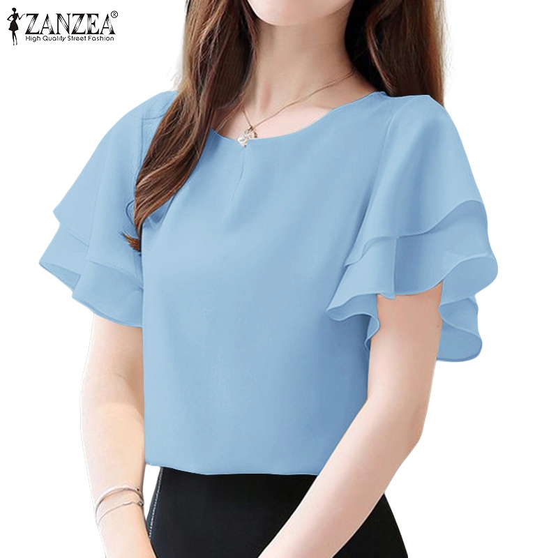 Zanzea ผู ้ หญิงเกาหลี O-คอปุ ่ ม Double Layer Ruffle เสื ้ อแขนสั ้ น