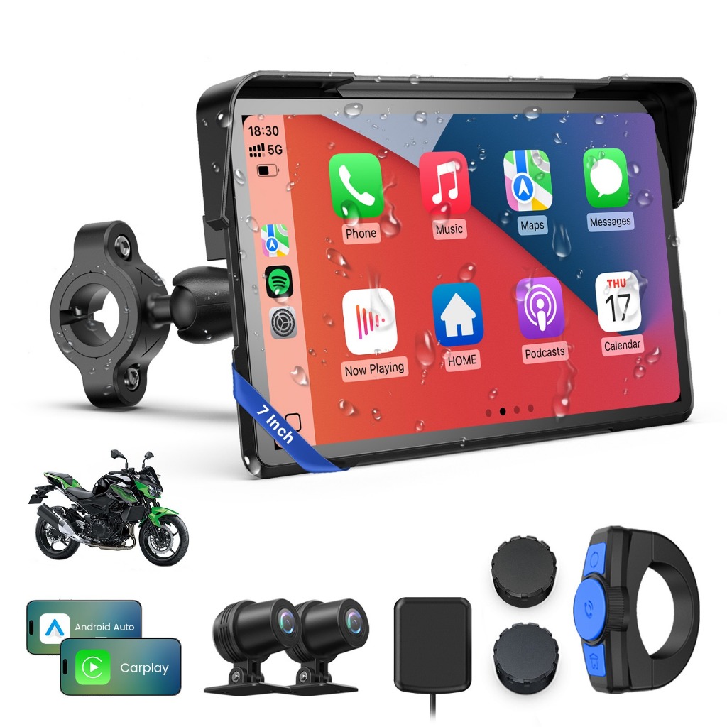 WonVon 7 รถจักรยานยนต์ CarPlay หน้าจอ Android Auto กันน้ํา GPS Apple CarPlay Dual 4K Dash Cam บลูทูธเสียง, BSD และ TPMS นําทางระบบสําหรับรถจักรยานยนต์-F93