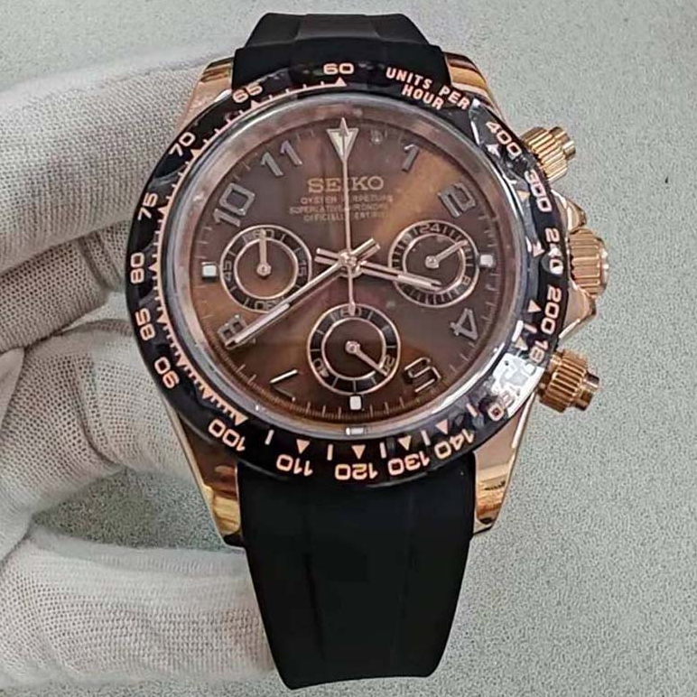 Rose Gold Quartz Chronograph Watch 40mm Stainless Steel Watch Case + Rubber Strap with VK63 Movement