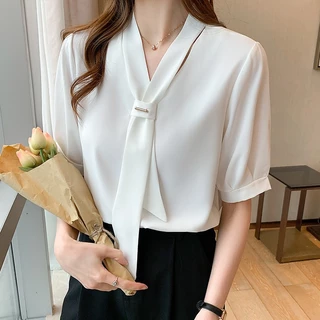 เสื้อผู้หญิง สไตล์เกาหลี แขนสั้น ผูกปุ่ม เหมาะใส่ทำงาน ใส่วันหยุด